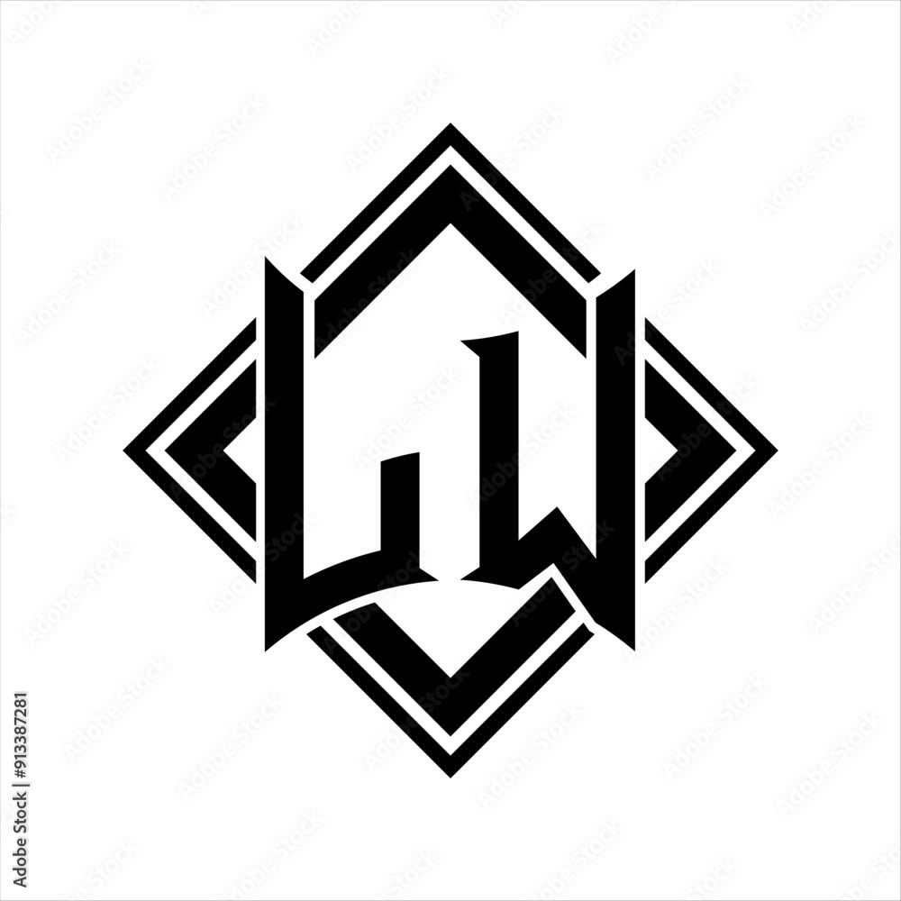 LW Letter logo with abstract shield shape with square black outline on white background design LW Letter logo with abstract shield shape with square black outline on white background design