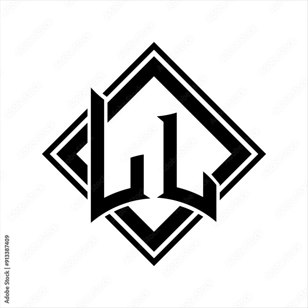 LL Letter logo with abstract shield shape with square black outline on white background design LL Letter logo with abstract shield shape with square black outline on white background design