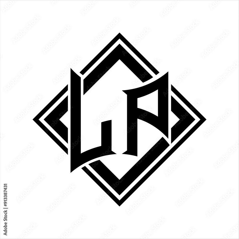 LP Letter logo with abstract shield shape with square black outline on white background design LP Letter logo with abstract shield shape with square black outline on white background design