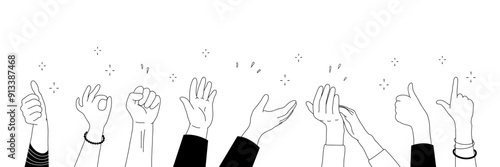 Applause hands set in doodle style. Human hands sketch, with arms raised in gestures like clapping and making heart shapes, on a white background. Vector illustration for celebratory themes