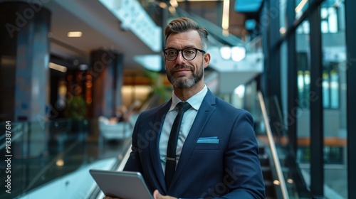 A Confident Man in a Suit Holds a Tablet in a Modern Office Setting