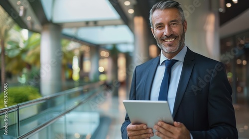 Smiling businessman holding a tablet in a modern office building