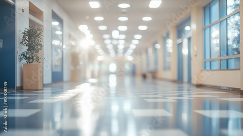 Abstract blur of a bright hospital corridor, evoking a sense of calm, tranquility, and hope. The defocused lights and colors suggest an atmosphere of healing and optimism