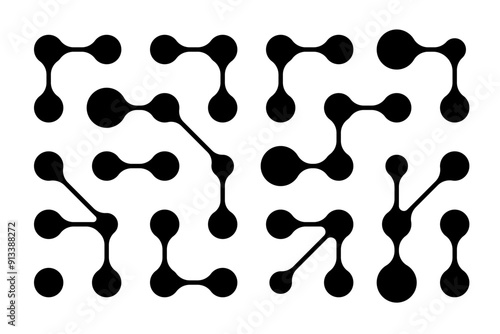 Geometric pattern of interconnected blobs and dots, resembling metaballs. The fluid shapes morph seamlessly, evoking neuron networks and a Y2K aesthetic, medical and scientific theme.