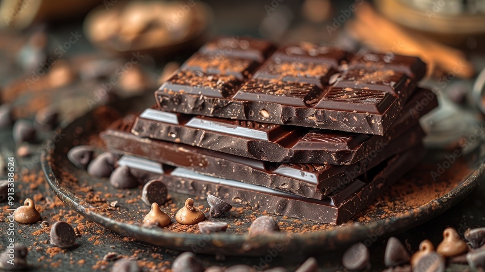 A Stack of Dark Chocolate Bars on a Slate Plate. A Stack of Dark Chocolate Bars on a Slate Plate.