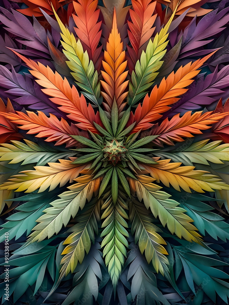 Cannabis leaves in psychedelic background. Mandala kaleidoscope of colorful marijuana leaves Cannabis leaves in psychedelic background. Mandala kaleidoscope of colorful marijuana leaves
