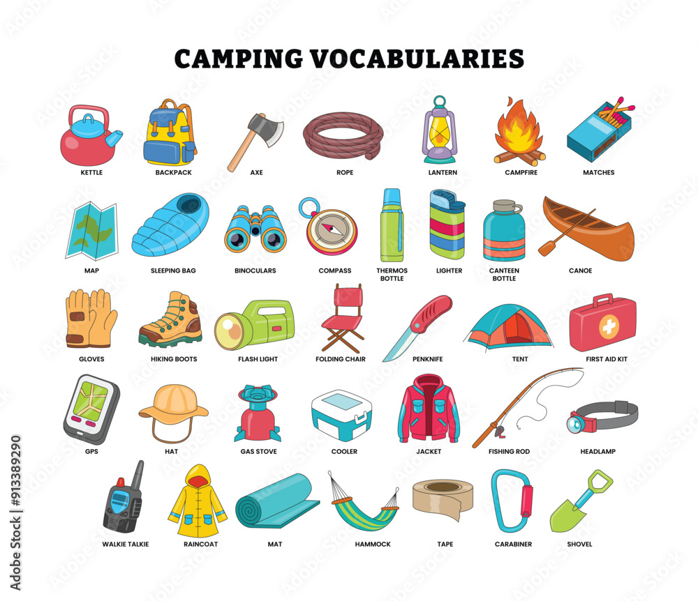 Set of camping object collection for education poster, camping icon element outline objects, kindergarten preschool children, summer picnic tropical vacation hiking adventure outdoor equipment tool. Set of camping object collection for education poster, camping icon element outline objects, kindergarten preschool children, summer picnic tropical vacation hiking adventure outdoor equipment tool.