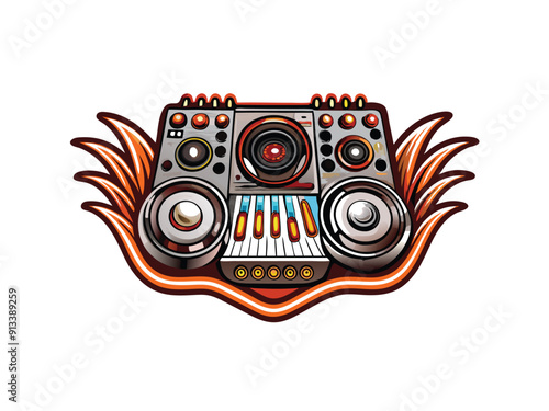 Design a logo with a stylized mixing console and a surrounding flame design.