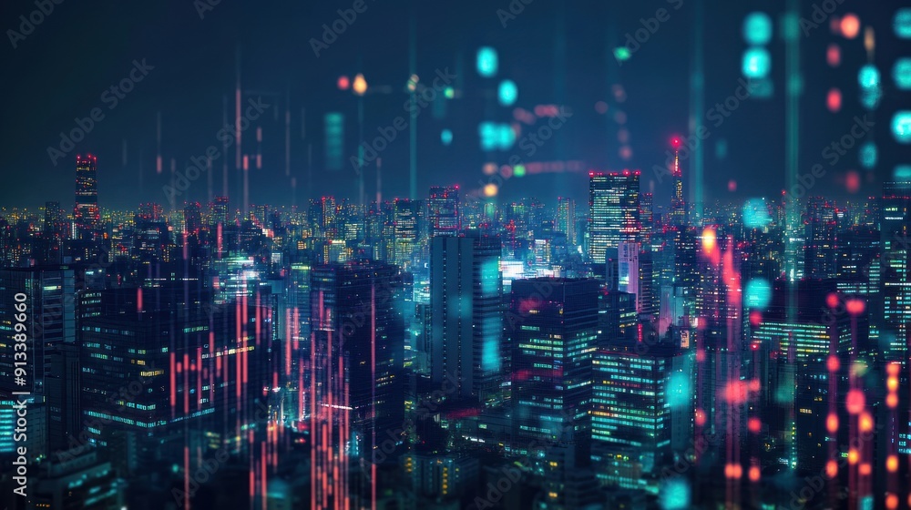 A Nighttime View of a City Skyline with Red and Blue Lights and Overlapping Data A Nighttime View of a City Skyline with Red and Blue Lights and Overlapping Data