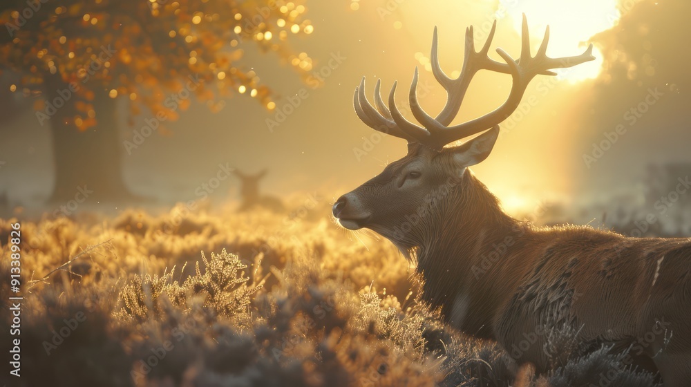 Majestic Red Deer Buck with Antlers in Golden Morning Light Majestic Red Deer Buck with Antlers in Golden Morning Light