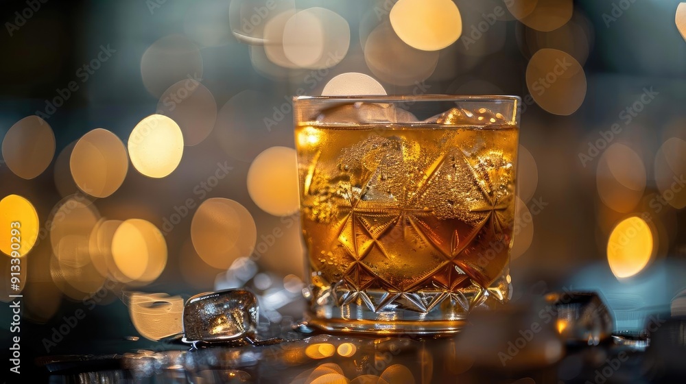 A close-up view of a whiskey glass filled with ice, showcasing warm tones and soft bokeh lights in the background. A close-up view of a whiskey glass filled with ice, showcasing warm tones and soft bokeh lights in the background.