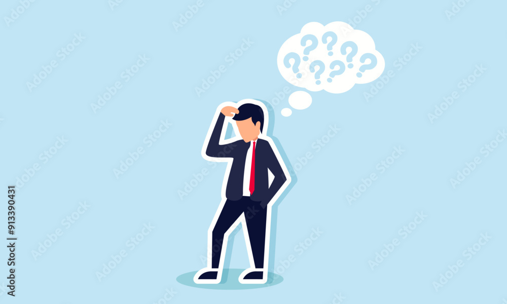 Many questions about something Concept of A businessman pondering many issues, raising numerous questions Many questions about something Concept of A businessman pondering many issues, raising numerous questions