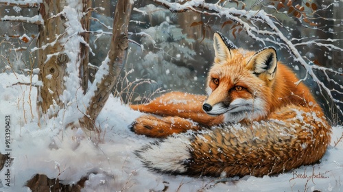 Red Fox Resting in a Snowy Winter Forest photo