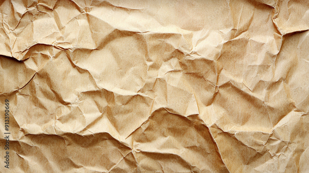 Abstract close-up of crumpled and creased brown recycled paper, highlighting texture and depth, symbolizing sustainability and eco-friendliness in a simple yet impactful visual Abstract close-up of crumpled and creased brown recycled paper, highlighting texture and depth, symbolizing sustainability and eco-friendliness in a simple yet impactful visual