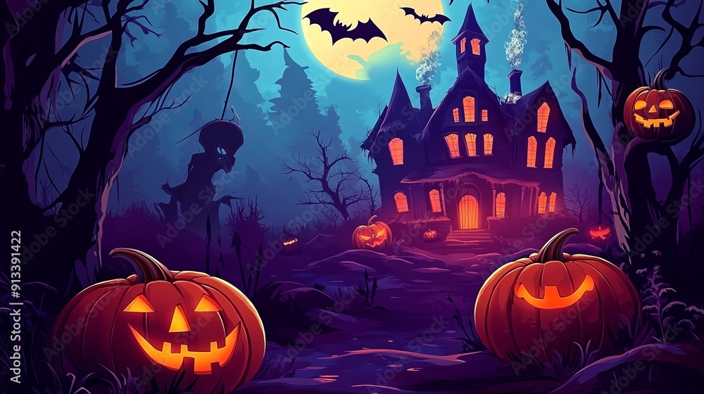 Spooky Halloween night with a haunted house, glowing pumpkins, and bats flying under a full moon in a dark, eerie forest. Spooky Halloween night with a haunted house, glowing pumpkins, and bats flying under a full moon in a dark, eerie forest.