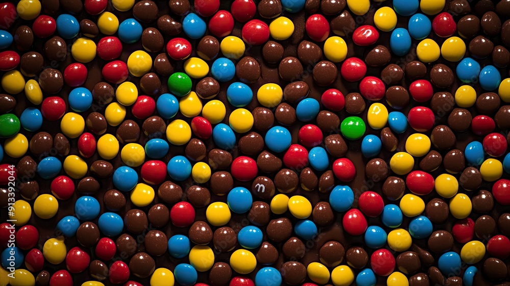 Closeup of colorful chocolate candies on a brown surface. Closeup of colorful chocolate candies on a brown surface.