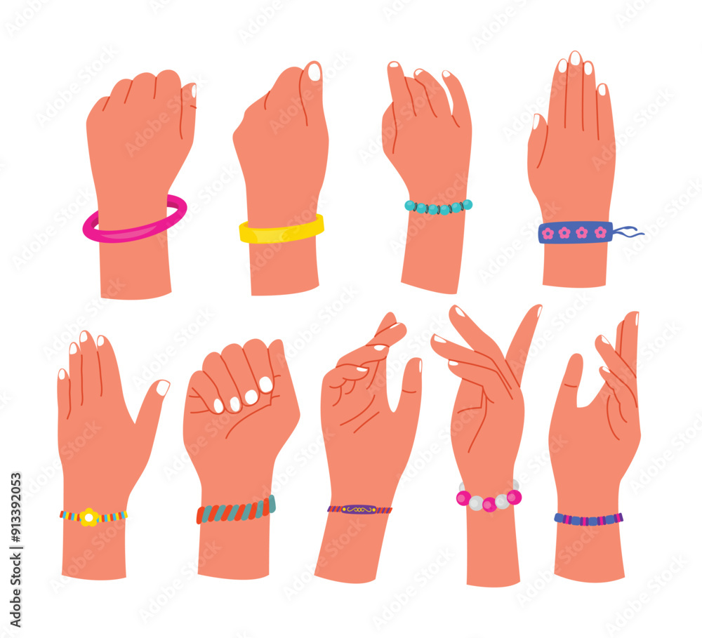 Set of hand with Ethnic bracelets on hands. Friendship Tribal authentic decoration for friends connection wristbands, bracelets on wrist, necklace ornament, female beauty fashion, rubber handmade, Set of hand with Ethnic bracelets on hands. Friendship Tribal authentic decoration for friends connection wristbands, bracelets on wrist, necklace ornament, female beauty fashion, rubber handmade,