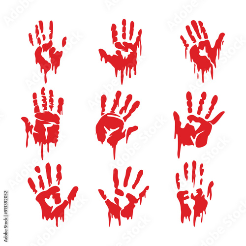 Set of bloody handprints collection isolated on white background, Splattered Blood and Handprints - Forensic Evidence, Red paint splashes. Crime scene. Vampire bite. Halloween decoration element.