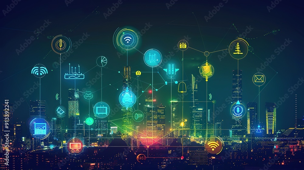 Superb Networked Cityscape with Connected Icons Superb Networked Cityscape with Connected Icons