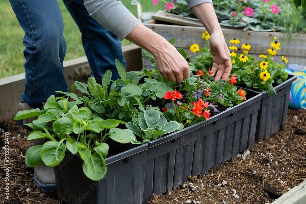 Gardener Tending to Colorful Flower and Vegetable Container Garden in Early Spring Gardener Tending to Colorful Flower and Vegetable Container Garden in Early Spring