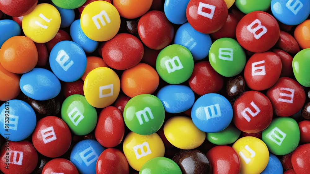 A close-up of colorful chocolate candies with the letter 'M' printed on them. A close-up of colorful chocolate candies with the letter 'M' printed on them.