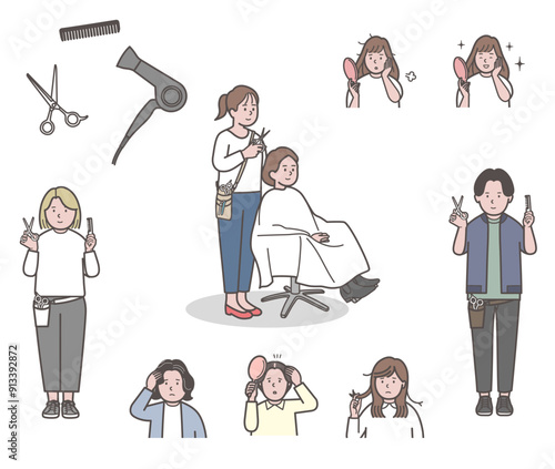 ヘアサロンのさまざまなイラストセット