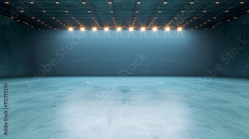 Empty boxing arena, dim lighting, Copy space for text, focus cover all object, deep depth of field
