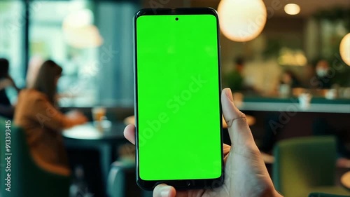 Wallpaper Mural POV man's hand holding smartphone while sitting in a restaurant where screen of phone is a chroma key green screen. Torontodigital.ca