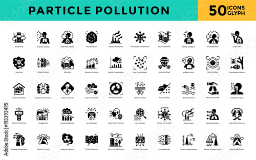 Particle pollution icon set with smog cloud, airborne particles, respiratory hazard, dust dispersion, polluted atmosphere, microscopic contaminants, hazy environment icon. Simple glyph vector 
