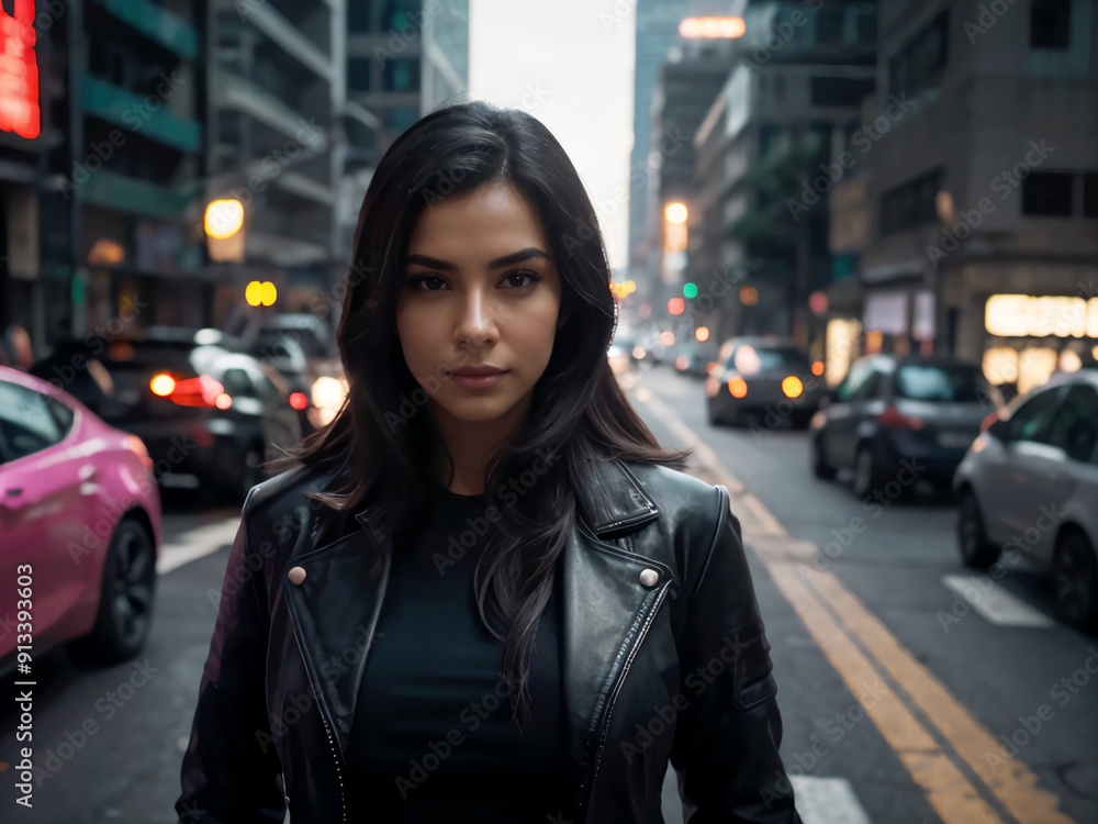 Woman black leather jacket city street cars evening. Woman black leather jacket city street cars evening.