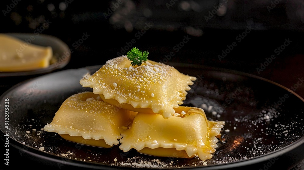 Delicious Ravioli with Fresh Parsley on Dark Plate. A close-up shot showcasing stuffed pasta in exquisite detail. Ideal for food blogs, restaurants, and culinary publications. Delicious Ravioli with Fresh Parsley on Dark Plate. A close-up shot showcasing stuffed pasta in exquisite detail. Ideal for food blogs, restaurants, and culinary publications.