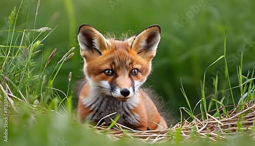 The cute fox observes quietly in the grass, creating a natural and vibrant atmosphere.