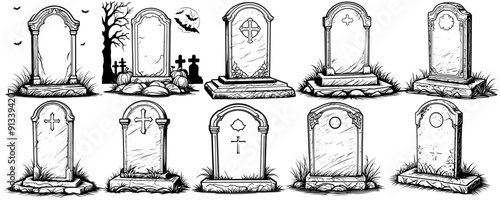 Halloween gravestone silhouettes tombstones. Creepy Halloween tomb