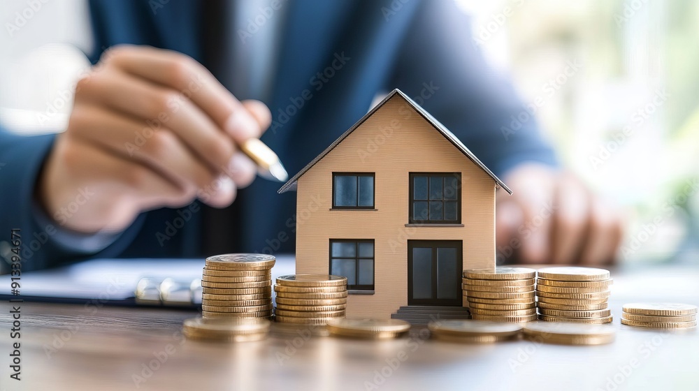 A businessman calculates money related to real estate transactions A businessman calculates money related to real estate transactions