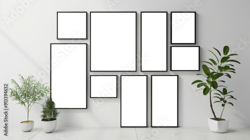 Fototapeta Naklejka Na Ścianę i Meble -  A gallery wall of blank mockup frames of various sized in portrait orientation