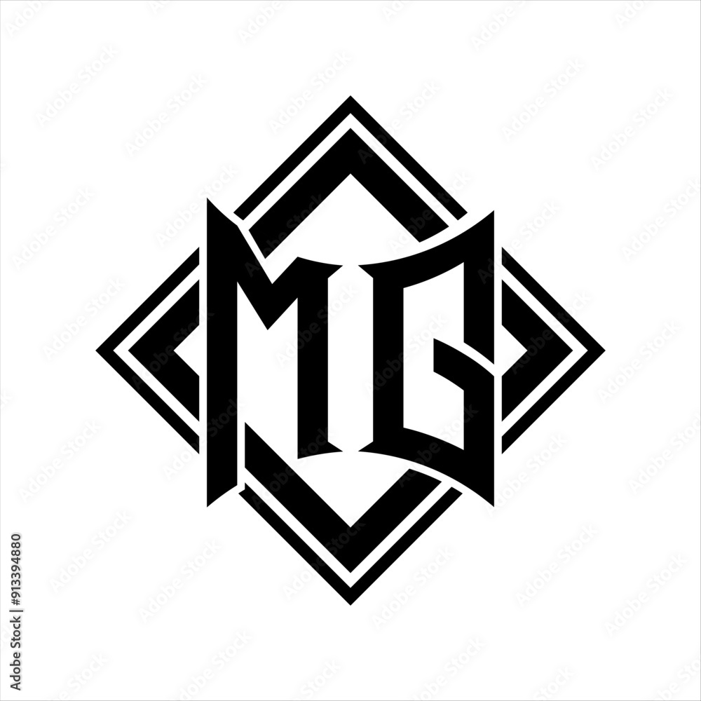 MG Letter logo with abstract shield shape with square black outline on white background design MG Letter logo with abstract shield shape with square black outline on white background design