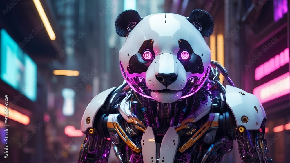 high-definition illustration of a futuristic robotic creature with a distinct panda high-definition illustration of a futuristic robotic creature with a distinct panda