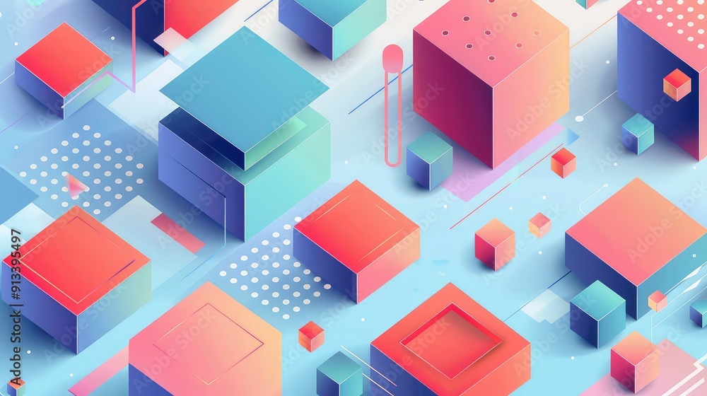 An abstract image with colorful geometric shapes, primarily cubes, in various shades of blue, red, and purple against a light blue background with white dots. An abstract image with colorful geometric shapes, primarily cubes, in various shades of blue, red, and purple against a light blue background with white dots.