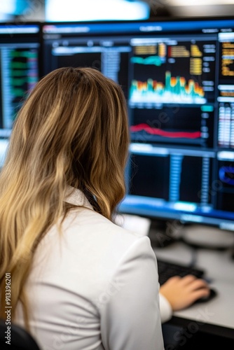 A professional woman, reviewing market data on a large screen in a contemporary office space