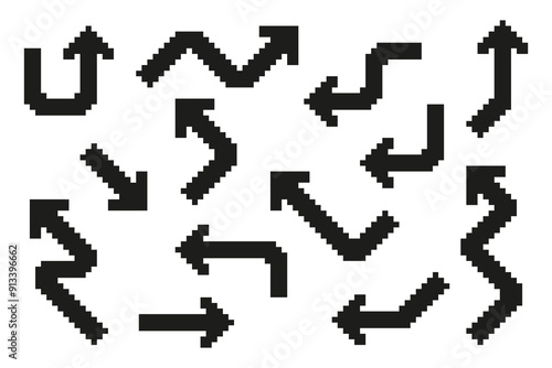 Pixel art arrow sign icons. Collection of pixel thick arrows in different directions. Vector illustration on isolated background.
