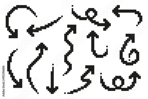 Pixel art thin arrow icons set. Collection of pixelrrows in different directions. Vector illustration on isolated background.