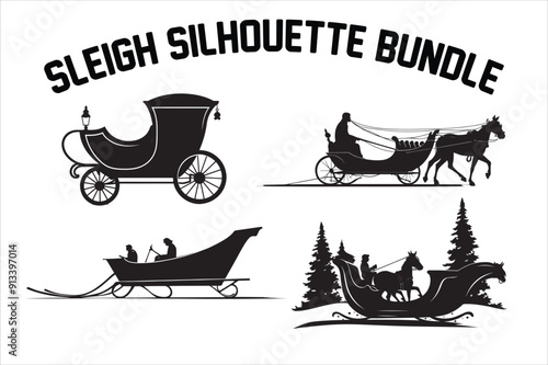 Santa sleigh and reindeer, 
Santa claus sleigh silhouette illustration. Christmas sleigh flat illustration. 