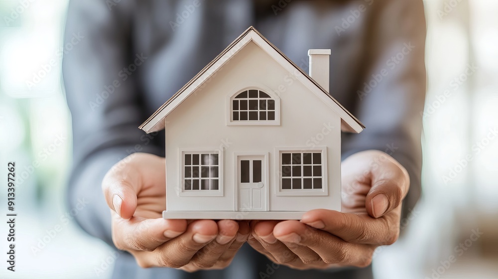 A real estate agent delivers sample homes to customers discusses mortgage loan contracts and makes hire purchase and sale contracts for houses including home insurance and mortgage loan