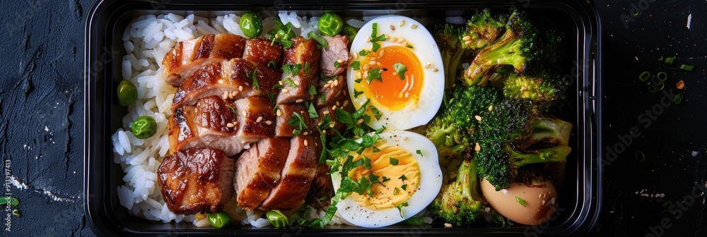 Roasted Pork Lunch Box with Rice Broccoli and Boiled Egg Roasted Pork Lunch Box with Rice Broccoli and Boiled Egg