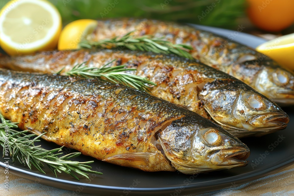 A close-up photograph of grilled fish garnished with rosemary sprigs, served on a black plate with lemon wedges in the background, showcasing a delicious and appetizing meal. A close-up photograph of grilled fish garnished with rosemary sprigs, served on a black plate with lemon wedges in the background, showcasing a delicious and appetizing meal.