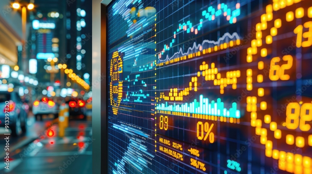 City street with illuminated financial stock market board displaying real-time data and busy traffic in the background at night. City street with illuminated financial stock market board displaying real-time data and busy traffic in the background at night.