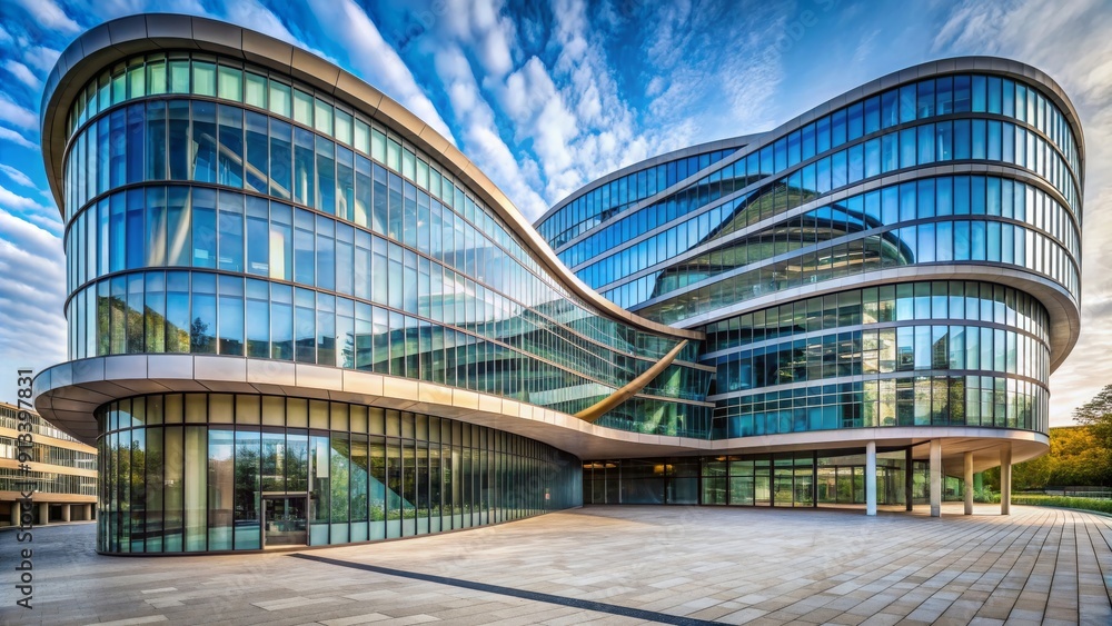 Fototapeta premium Modern architectural building with curves made of stone and glass, futuristic, contemporary, design, architecture