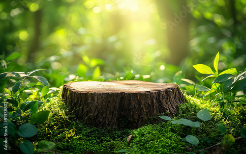 A beautiful wooden podium in the forest with moss and green plants on it, illuminated by sunlight.