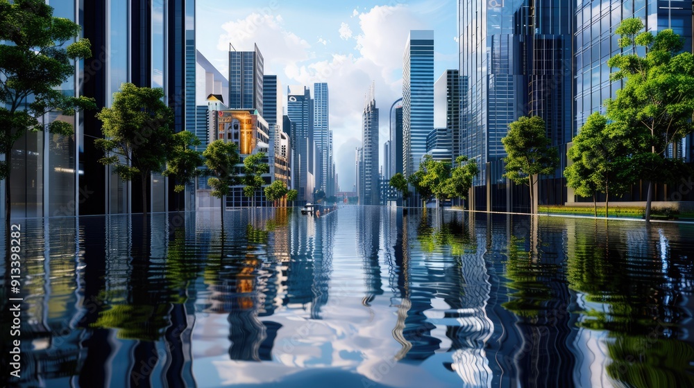 Fototapeta premium Stunning cityscape with modern skyscrapers reflecting in calm water and a touch of greenery under a clear blue sky.