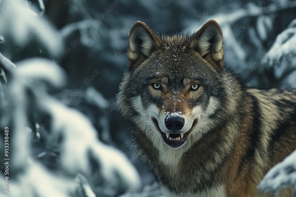 Portrait of a dire wolf standing alert in the snowy forest, with sharp teeth and focused eyes. High-resolution, detailed textures, crisp focus Portrait of a dire wolf standing alert in the snowy forest, with sharp teeth and focused eyes. High-resolution, detailed textures, crisp focus
